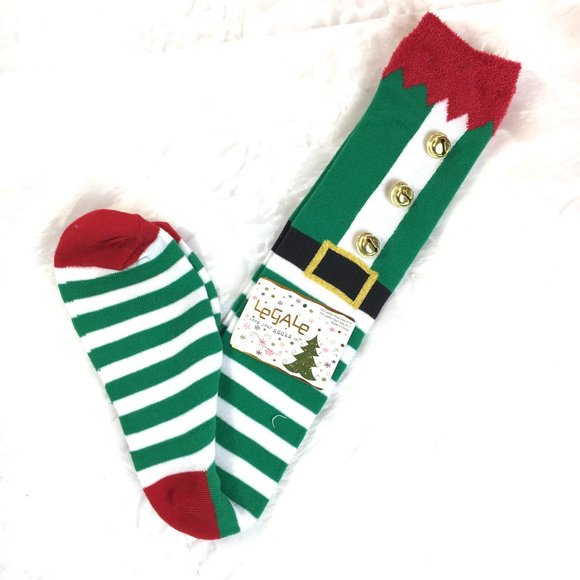 Christmas Bells Elf green white stripe Knee Socks  NWT - Picture 1 of 7